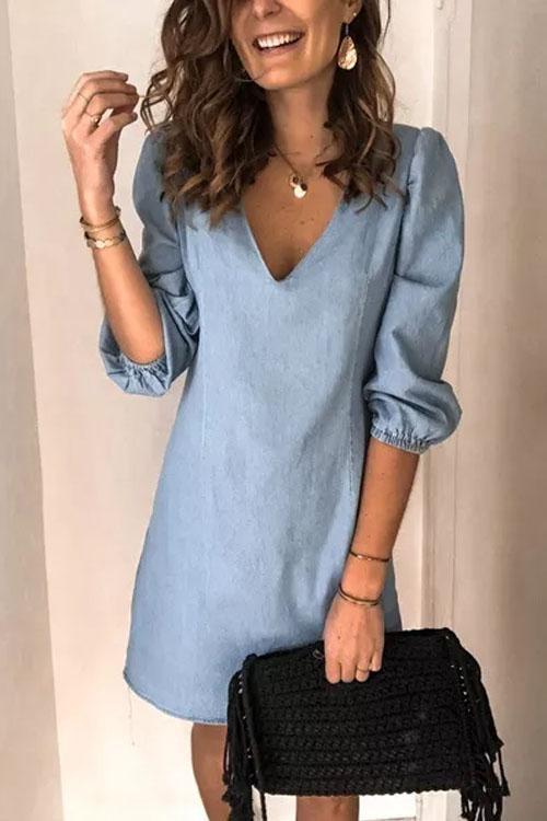 Robe en Denim Simple, Manches Bouffantes