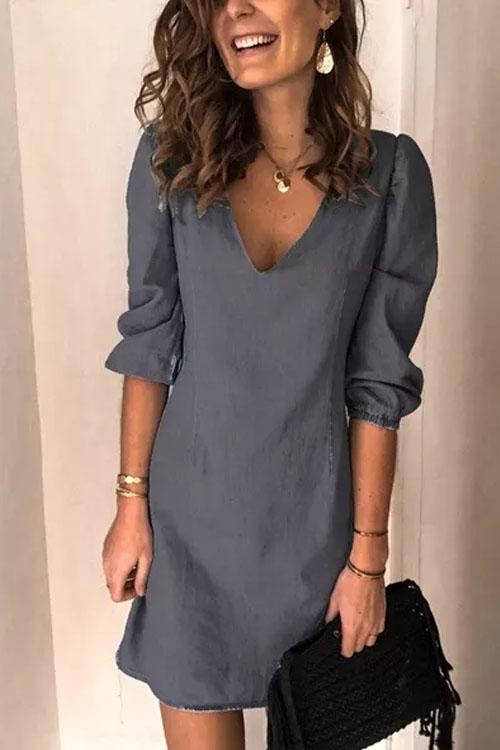 Robe en Denim Simple, Manches Bouffantes