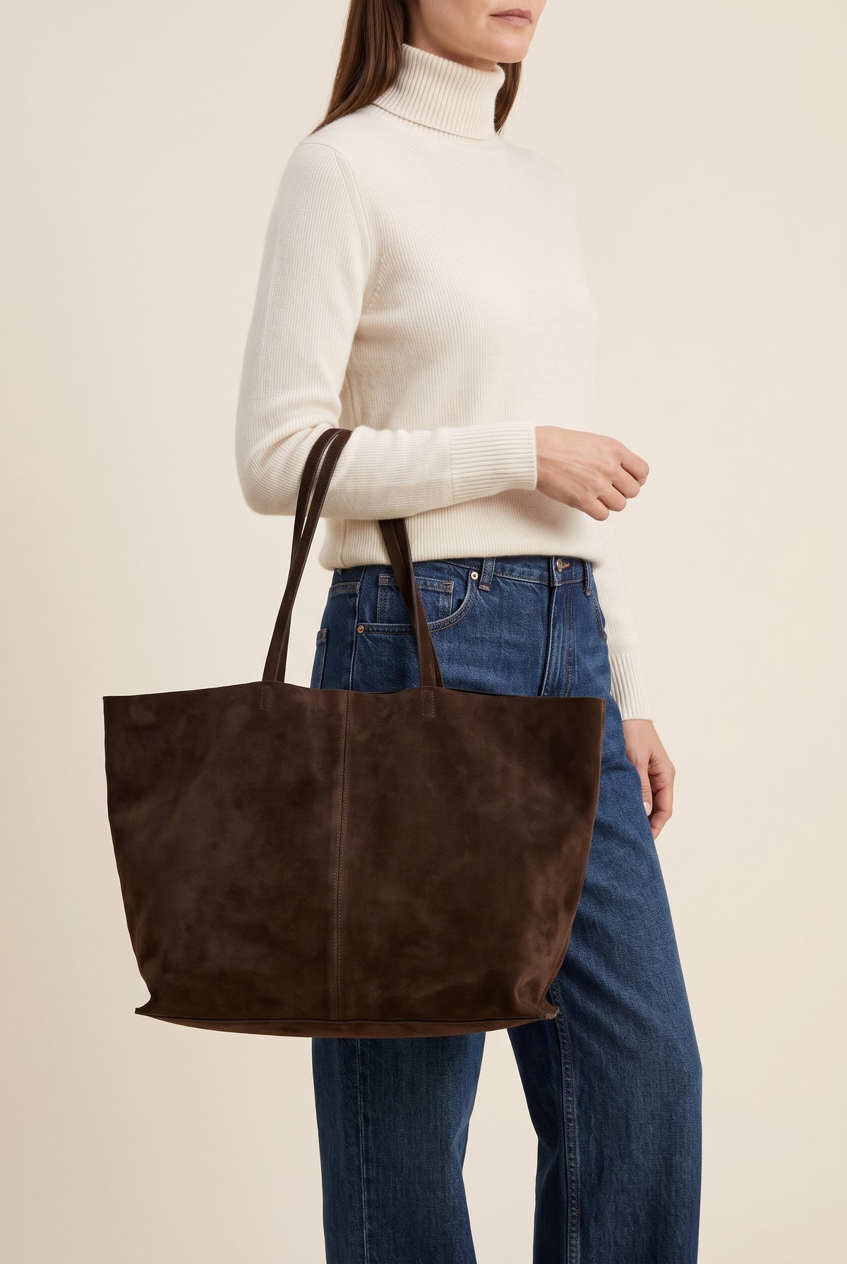 Cynthia Large Faux Suede Tote — On-Model View