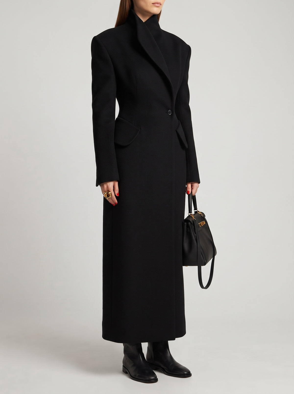 Genevieve Long Fitted Tweed Coat — Black