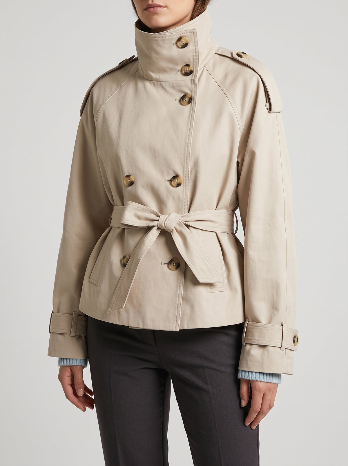 Thea Belted Cropped Trench Coat - Beige