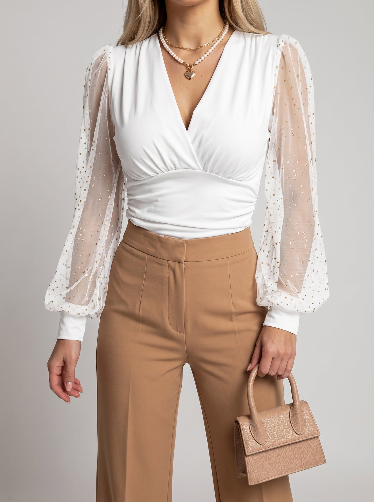 Beatrice Balloon Sleeve V-Neck Top — White