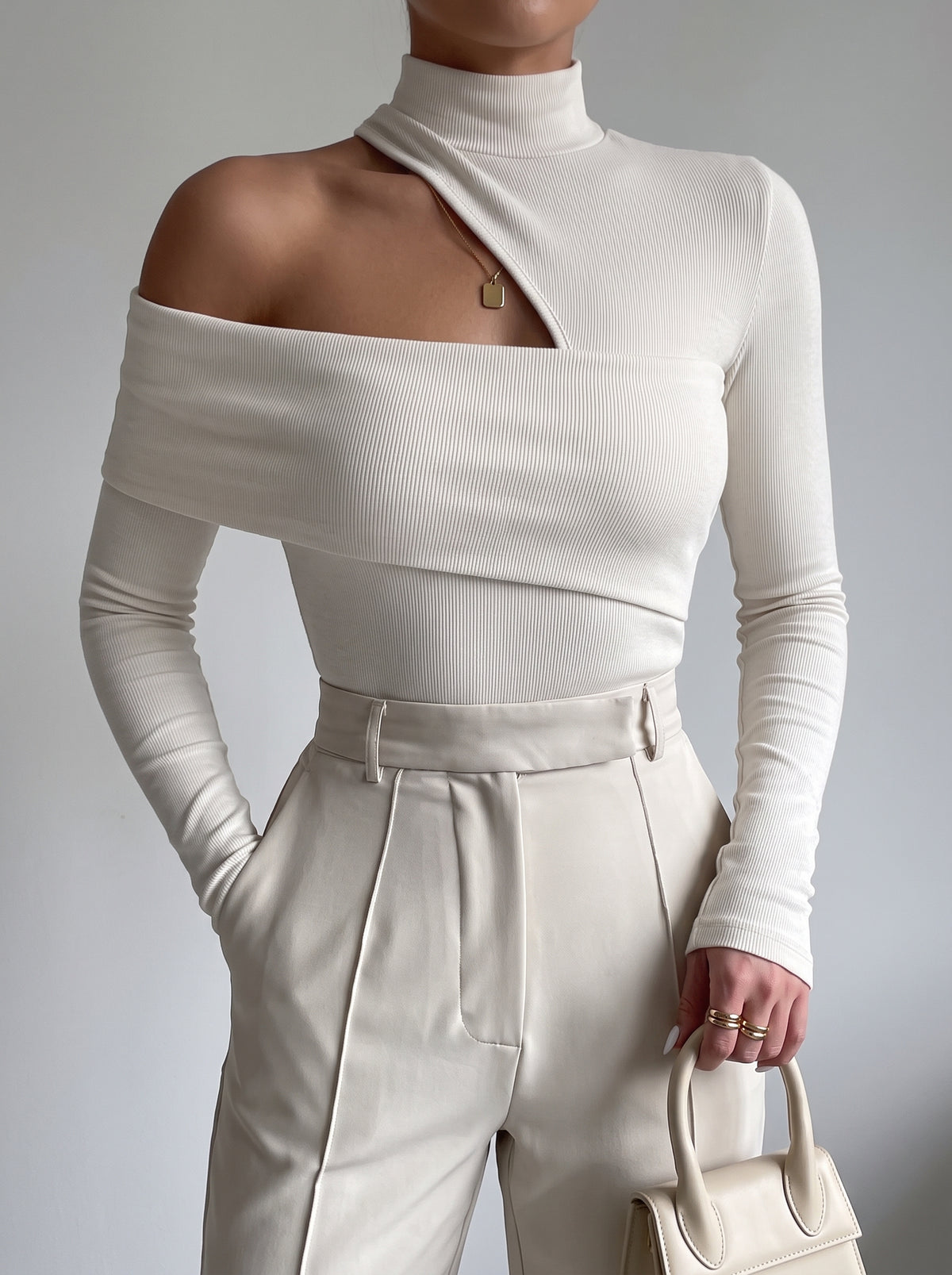 Hazel Cold-Shoulder Knit Top - Beige