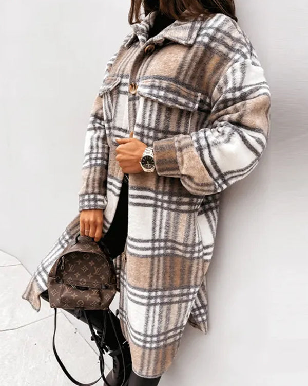 Manteau Long en Laine à Carreaux, Style Urbain
