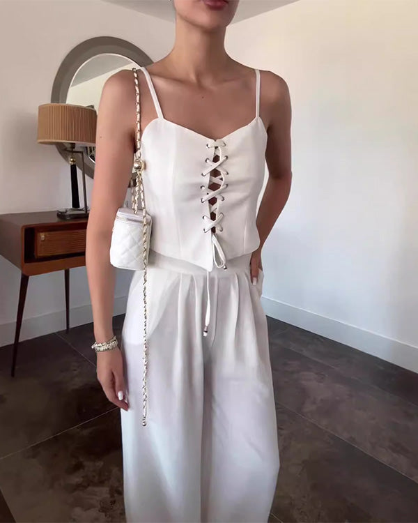 Ensemble Crop Top Nuisette Noué et Pantalon Large