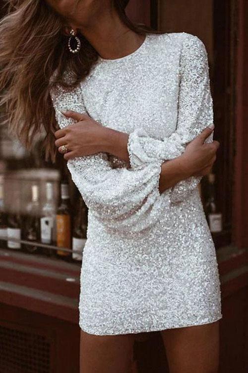 Robe de Soirée Ajustée, Sequins et Manches Bouffantes