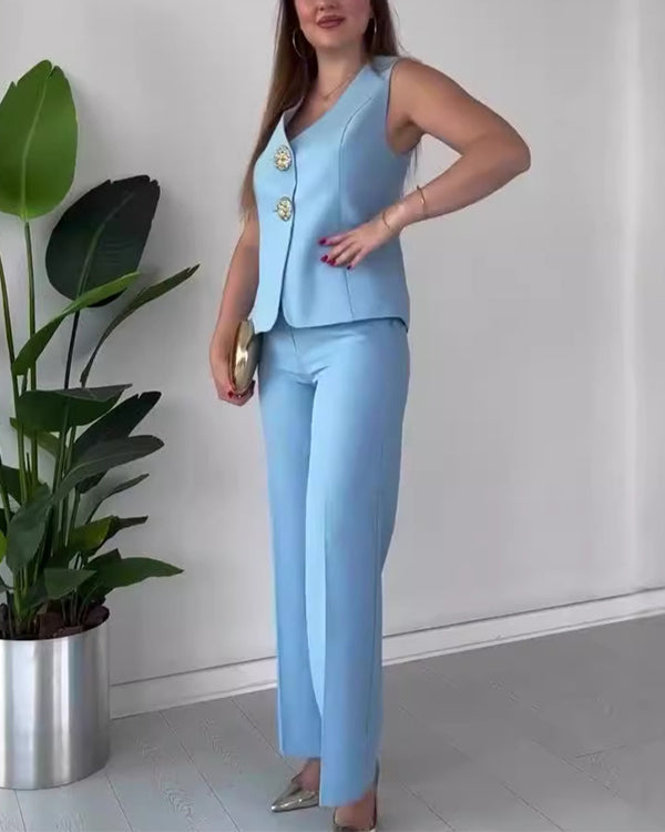 Ensemble Gilet à Gros Boutons Dorés et Pantalon Citadin 2 Pièces
