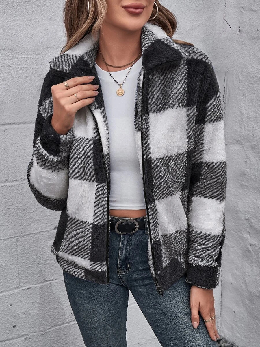 Manteau Polaire Doux à Carreaux Vichy, avec Zip