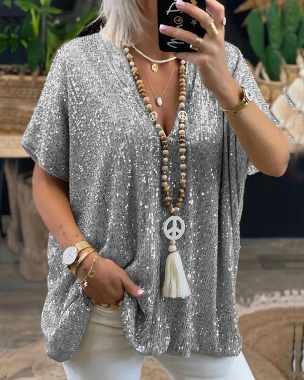 Top Ample Gracieux, Col en V, Sequins