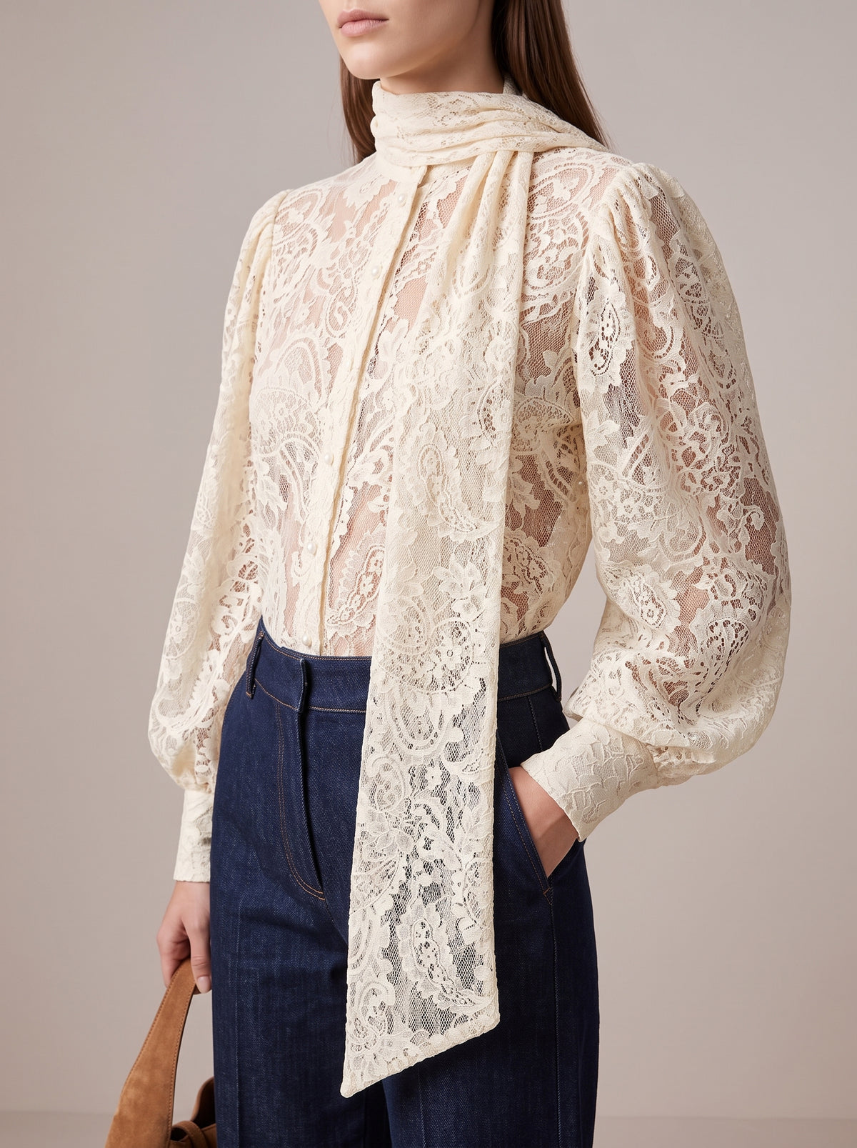 Dunja Sheer Lace Blouse with Bow — Beige