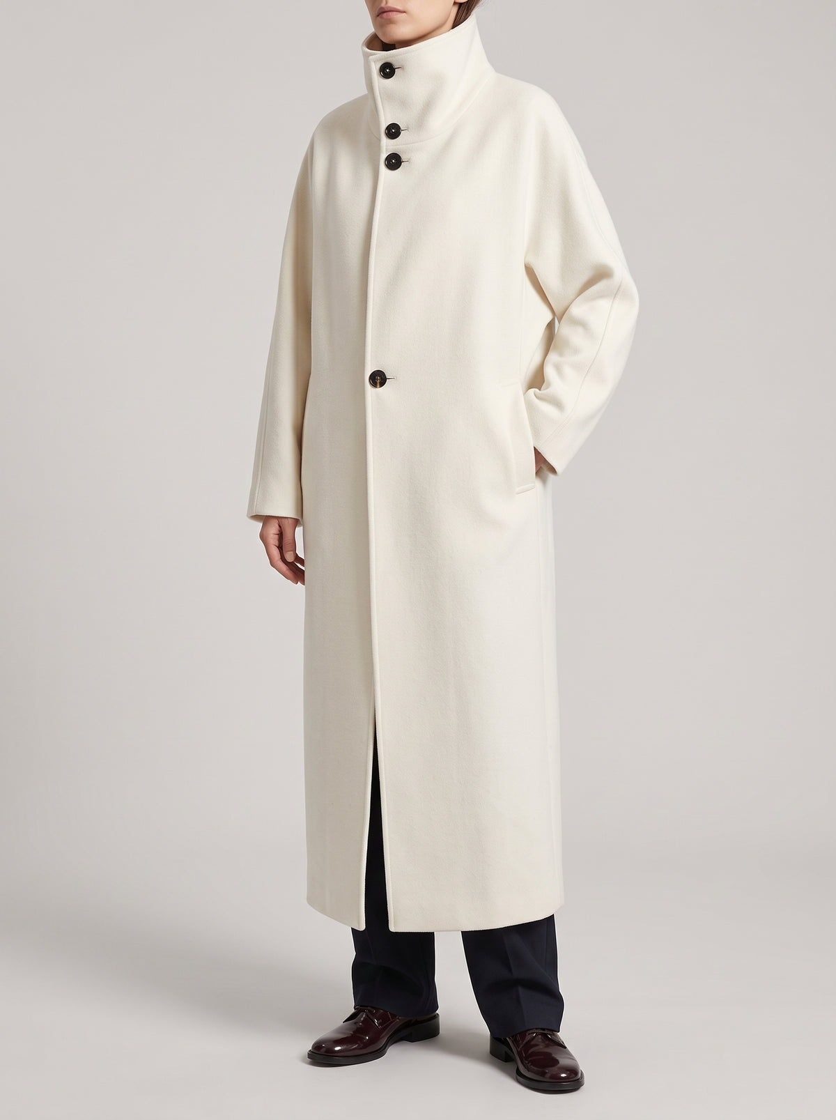 Julia Long High-Neck Coat — Off-White