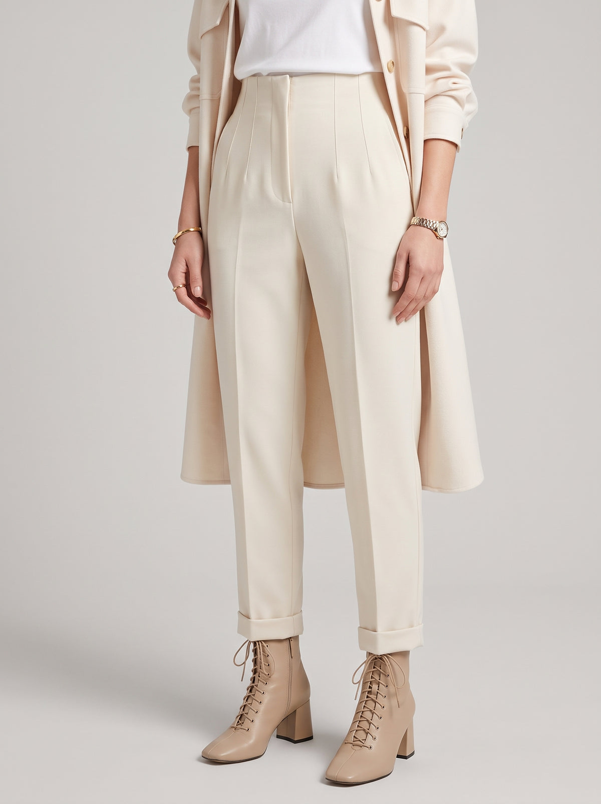 Sofia High-Waisted Pull-On Slim Pants — Cream