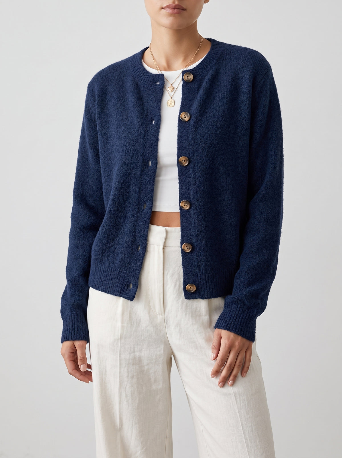 Lucy Crew-Neck Acrylic Knit Cardigan — Navy