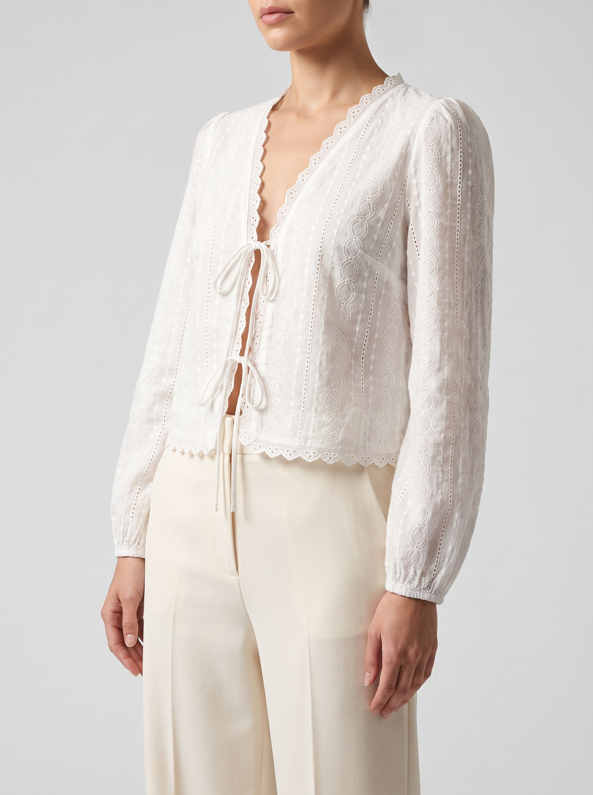 Vesna Embroidered Boho Tie Front Cardigan - White