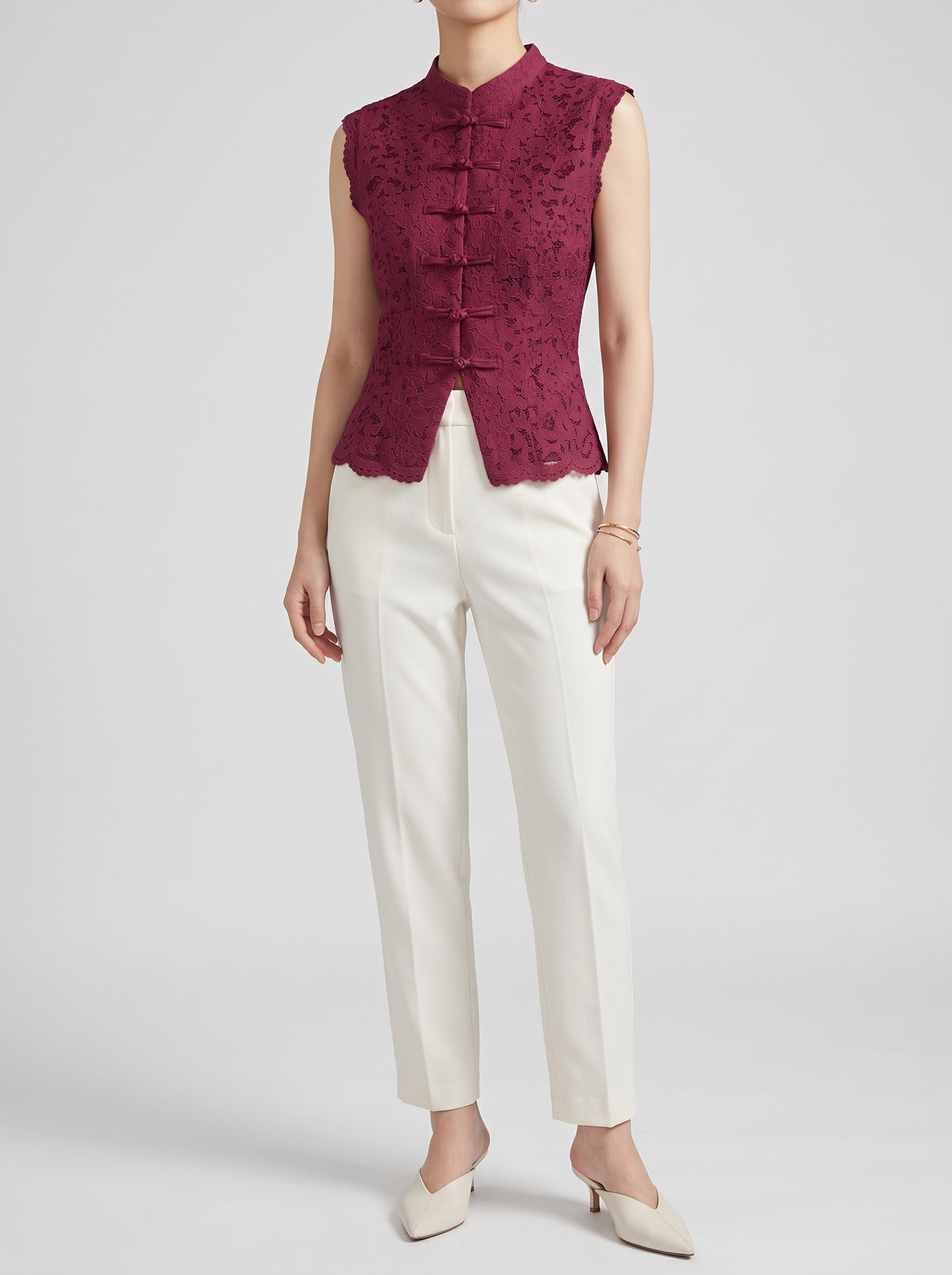 Beatrix Sheer Lace Mandarin Collar Blouse — Burgundy
