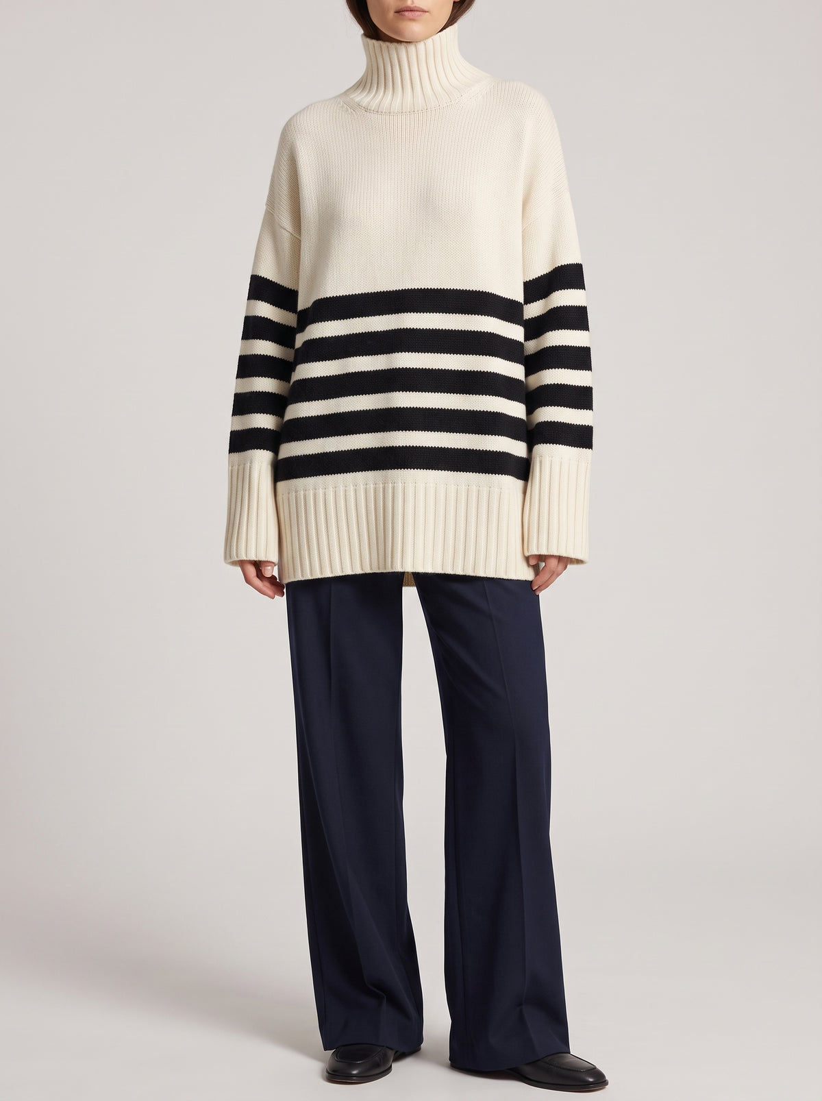 Flora Oversized Striped High-Neck Jumper - White