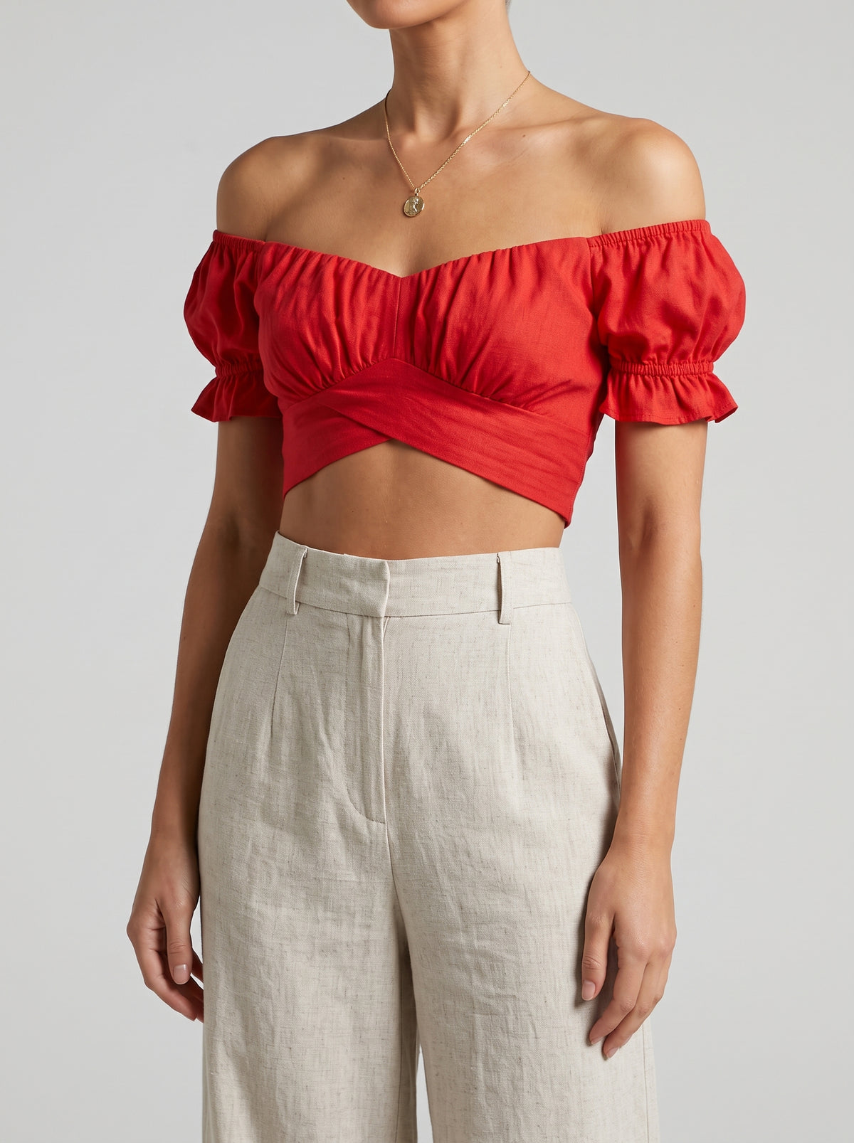 Celeste Flowing Puff Sleeve Crop Top — Red