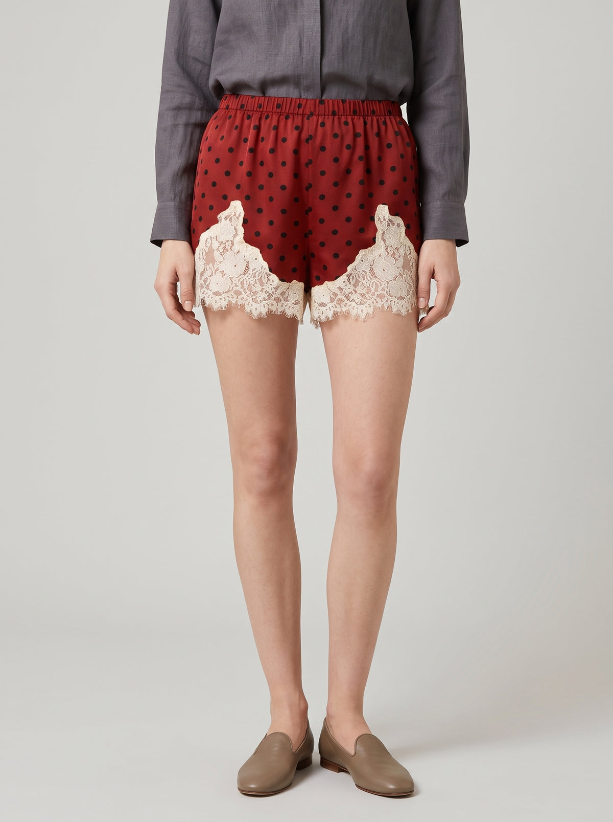 Pauleen Polka Dot Lace-Trim Shorts — Burgundy/Black