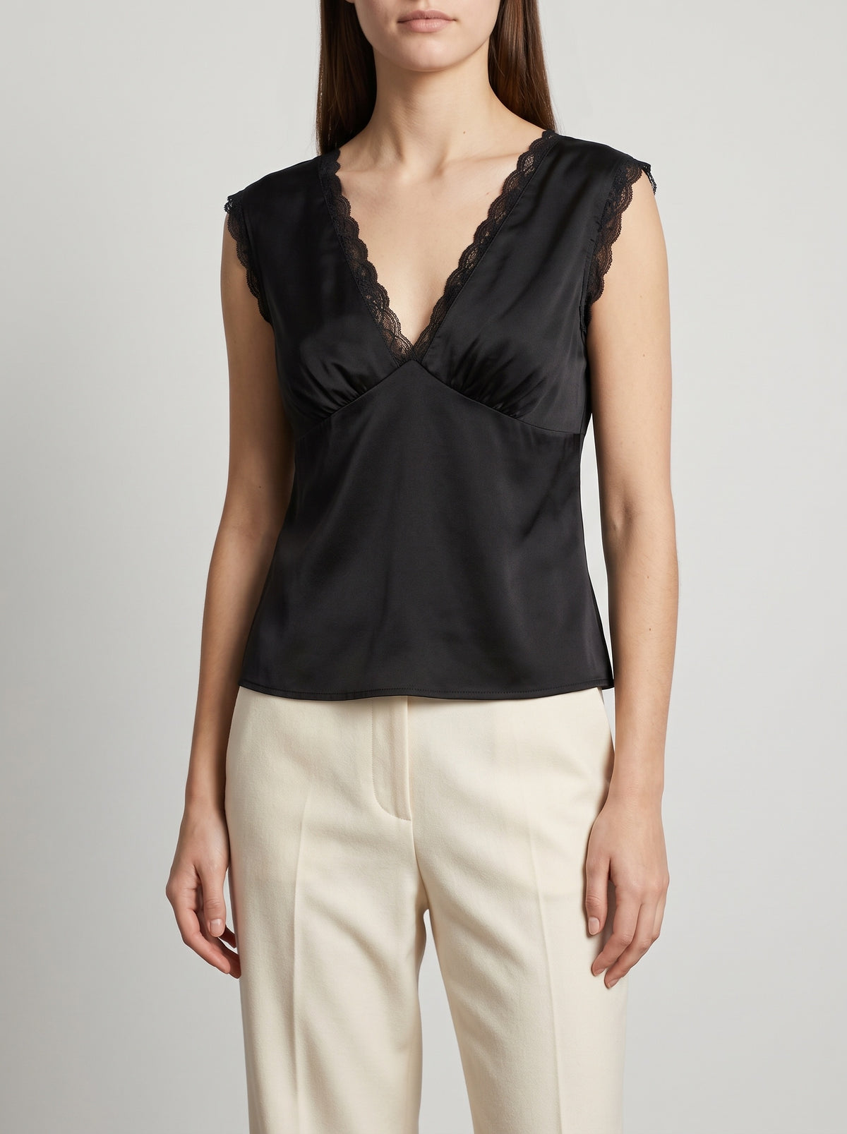 Francesca Satin Plunge Neck Top - Black