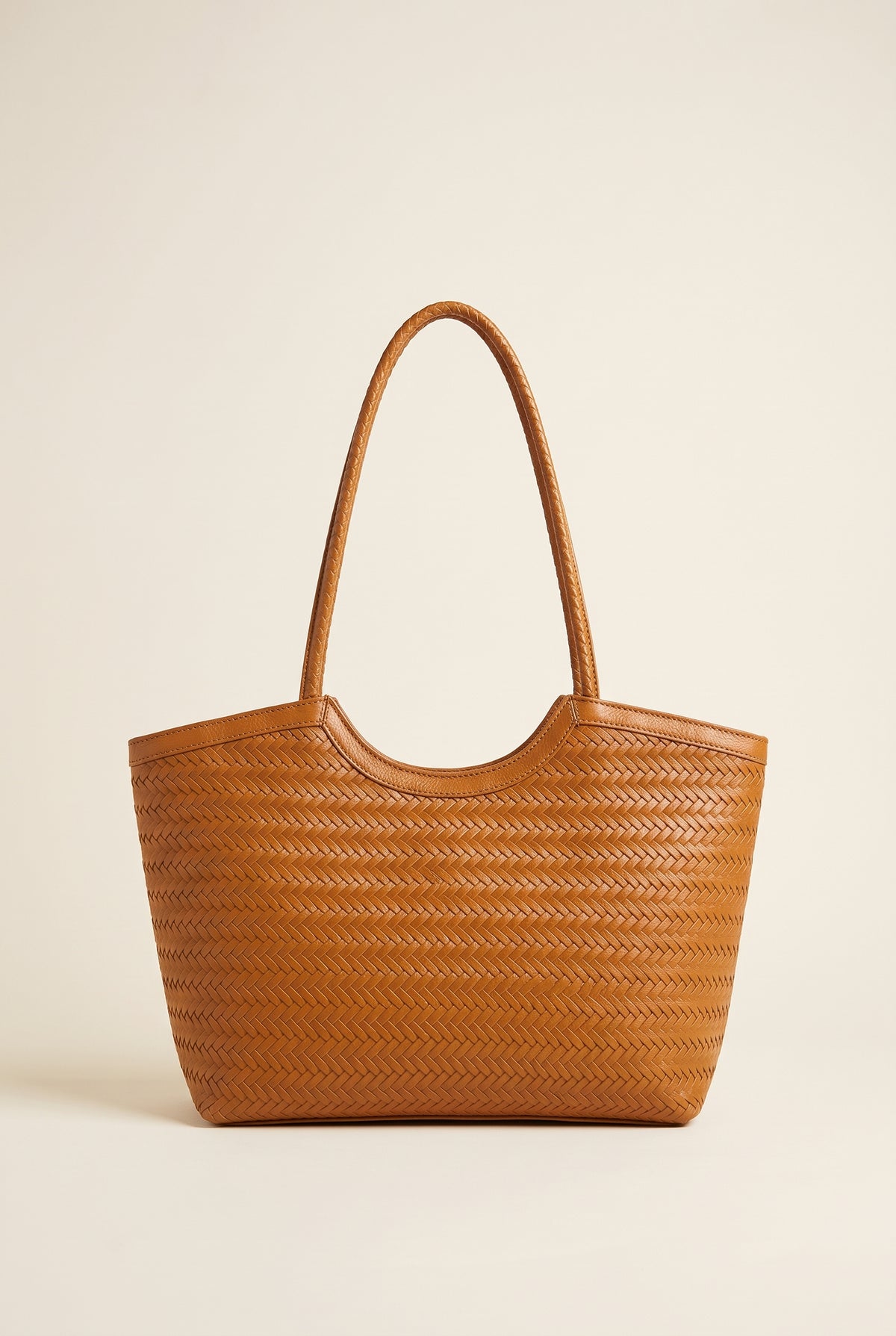 Elena Woven Faux Leather Handbag — Light Brown
