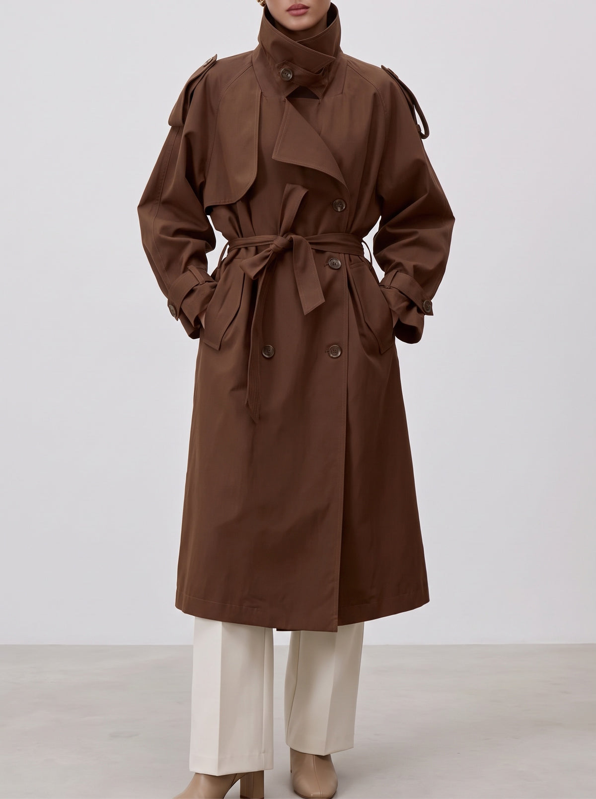 Sonia Mandarin Collar Drawstring Trench Coat - Dark Brown