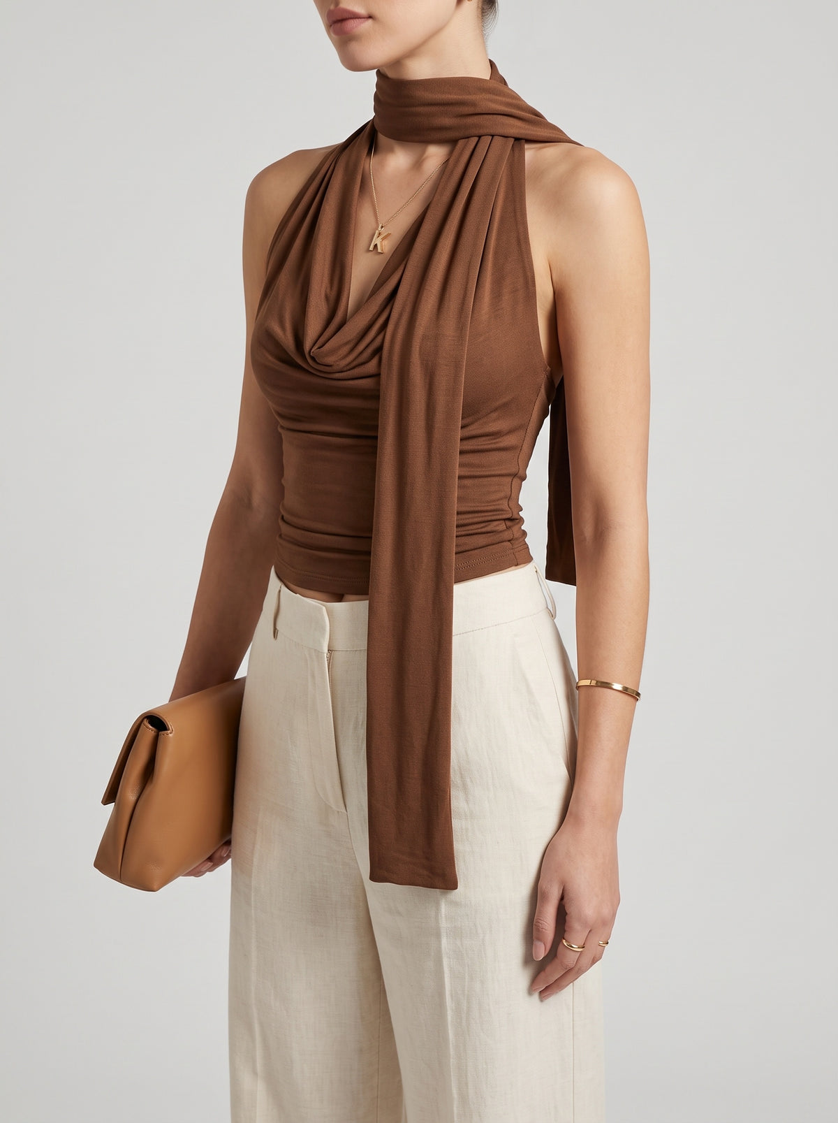 Lydia Sleeveless Neck-Tie Top - Brown