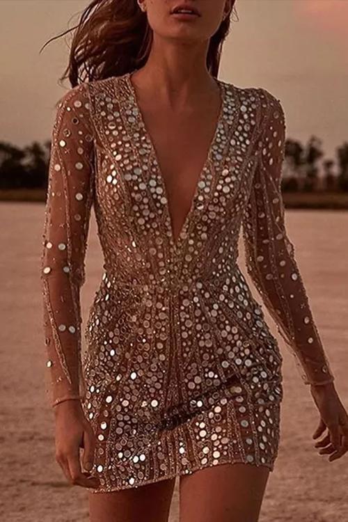 Robe de Soirée Reine, Col en V Profond, Sequins