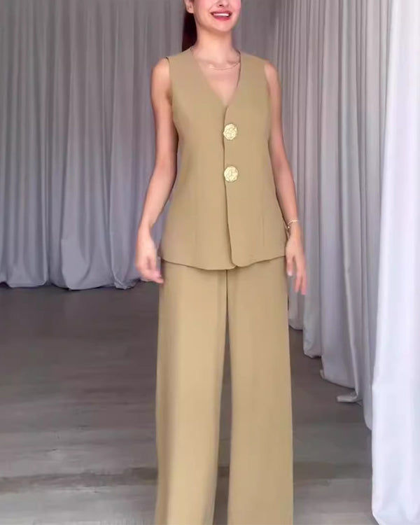 Ensemble Gilet à Gros Boutons Dorés et Pantalon Citadin 2 Pièces