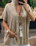 Top Ample Gracieux, Col en V, Sequins