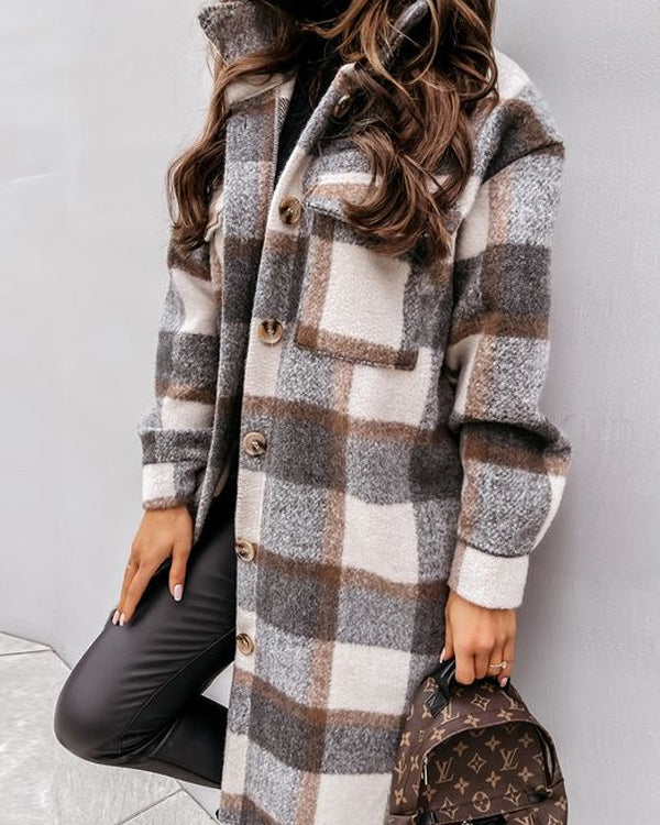 Manteau Long en Laine à Carreaux, Style Urbain