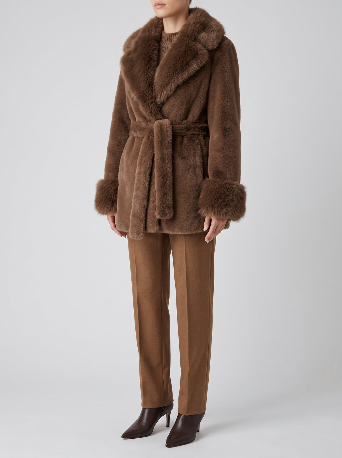 Jessa Mid-Length Coat with Faux Fur Trim — Brown