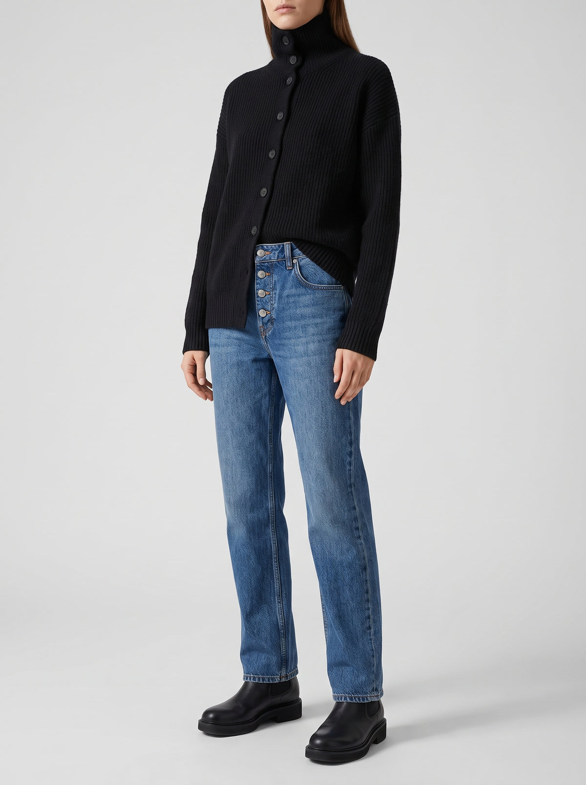 Oversized Ribbed Funnel-Neck Cardigan — Black