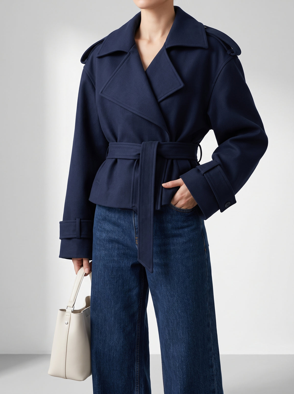 Hailey Cropped Faux Leather Trench Coat — Navy