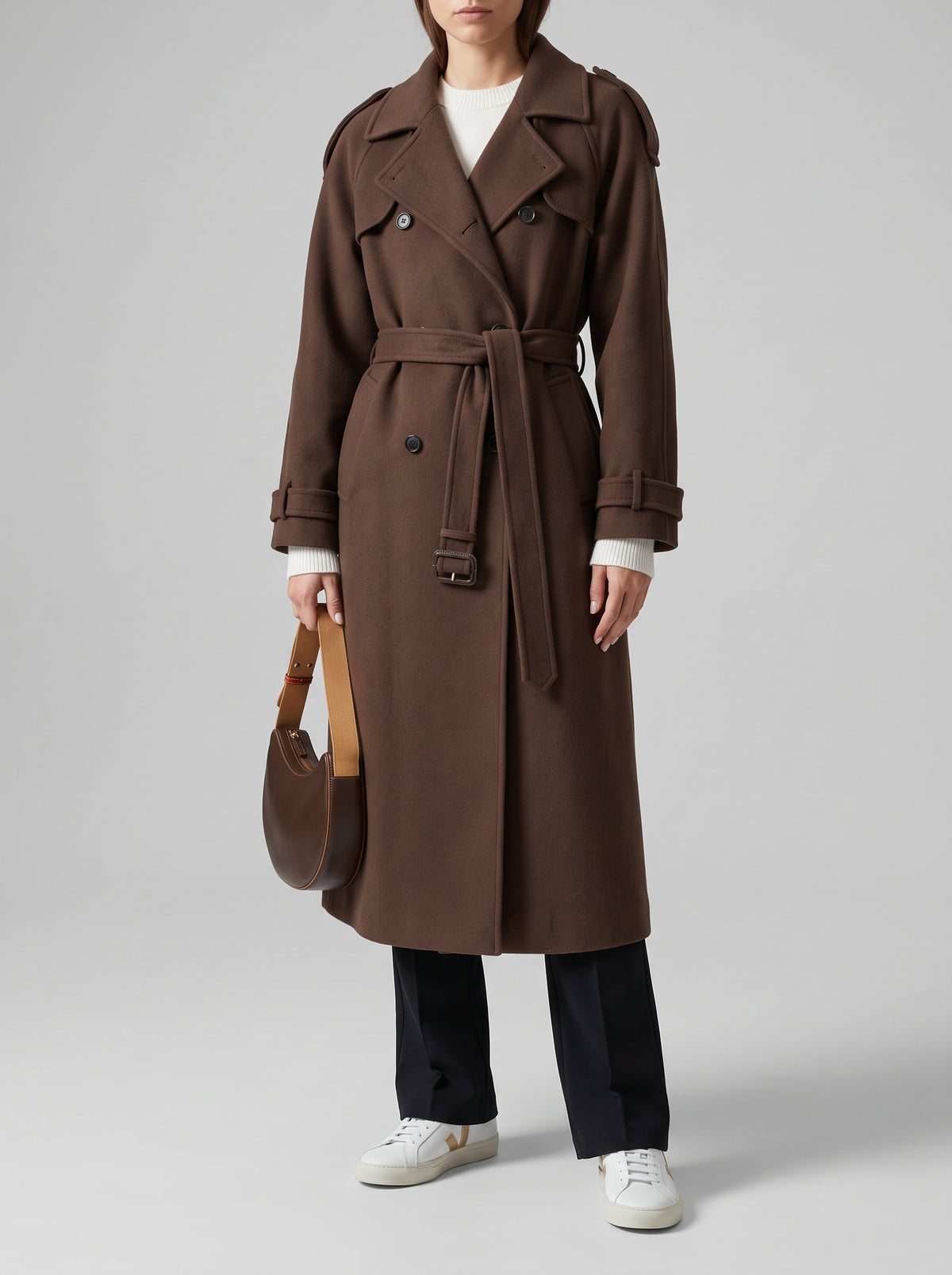 Alicia Long Double-Breasted Wool-Look Coat — Brown