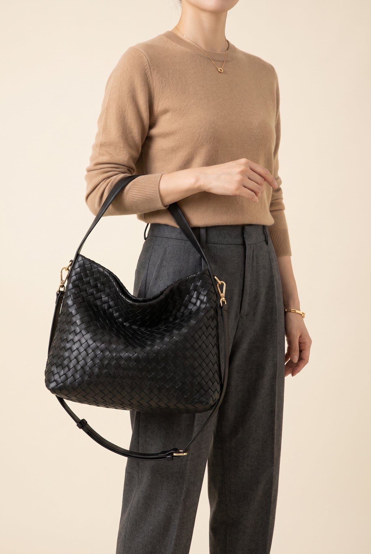 Sylvia Woven Leather Tote — On-Model View