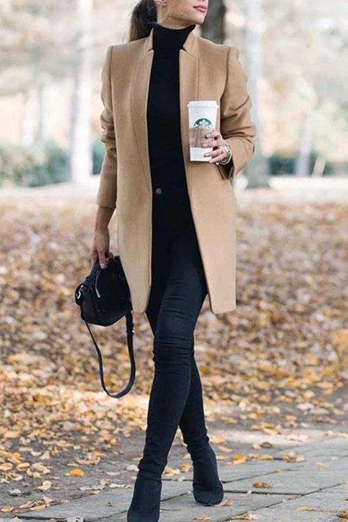 Manteau Long Col Montant, Style Officier