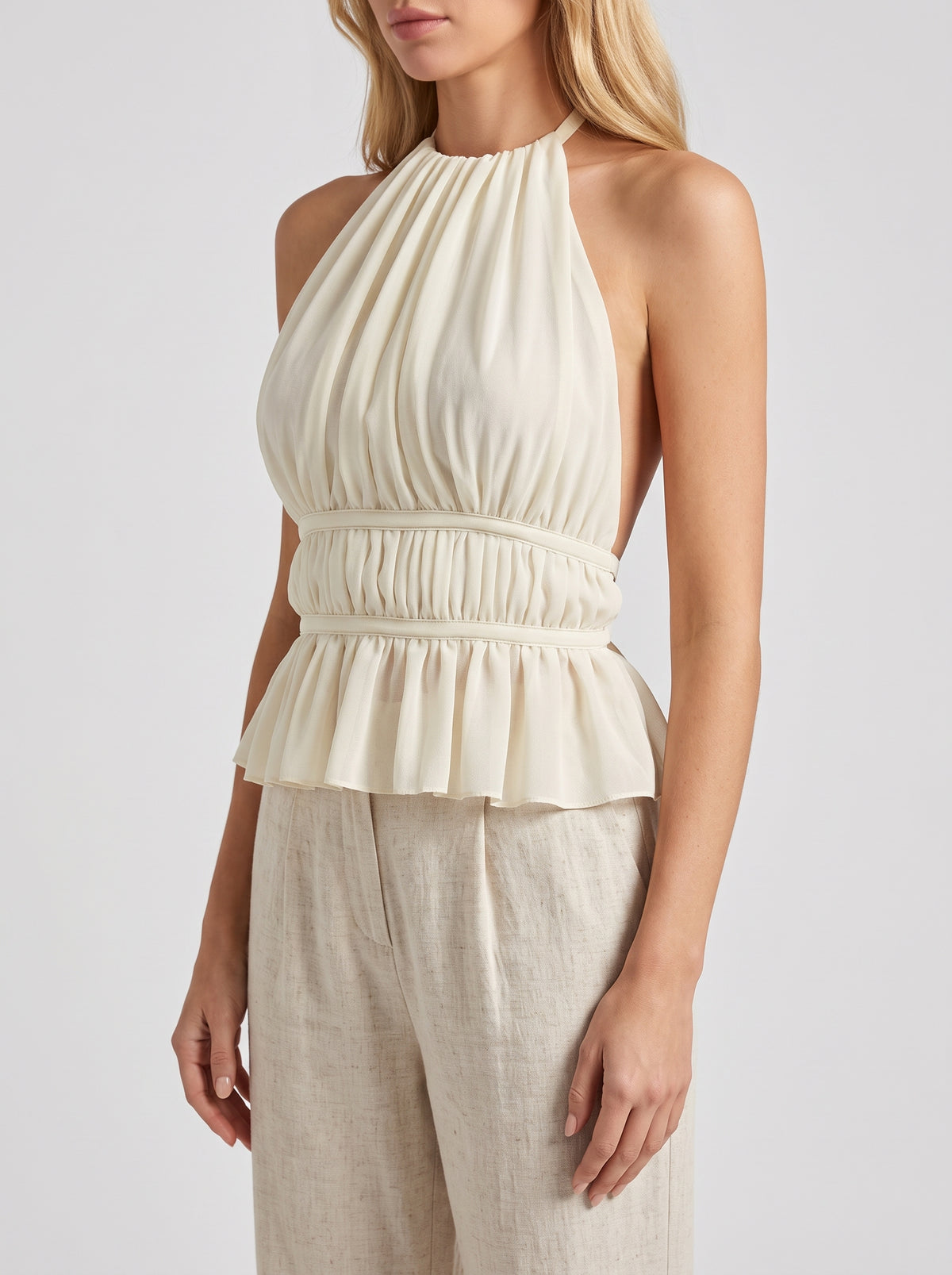 Inès Ruched Halter Top — Beige