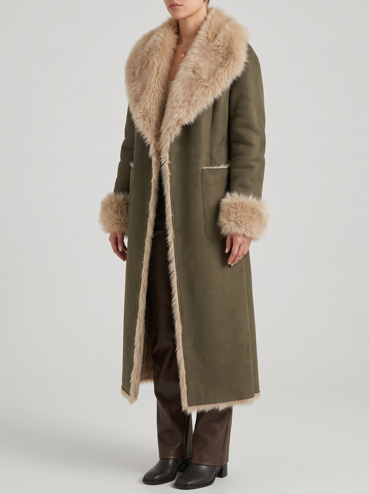 Sydney Long Faux Suede Coat with Faux Fur Lining — Khaki