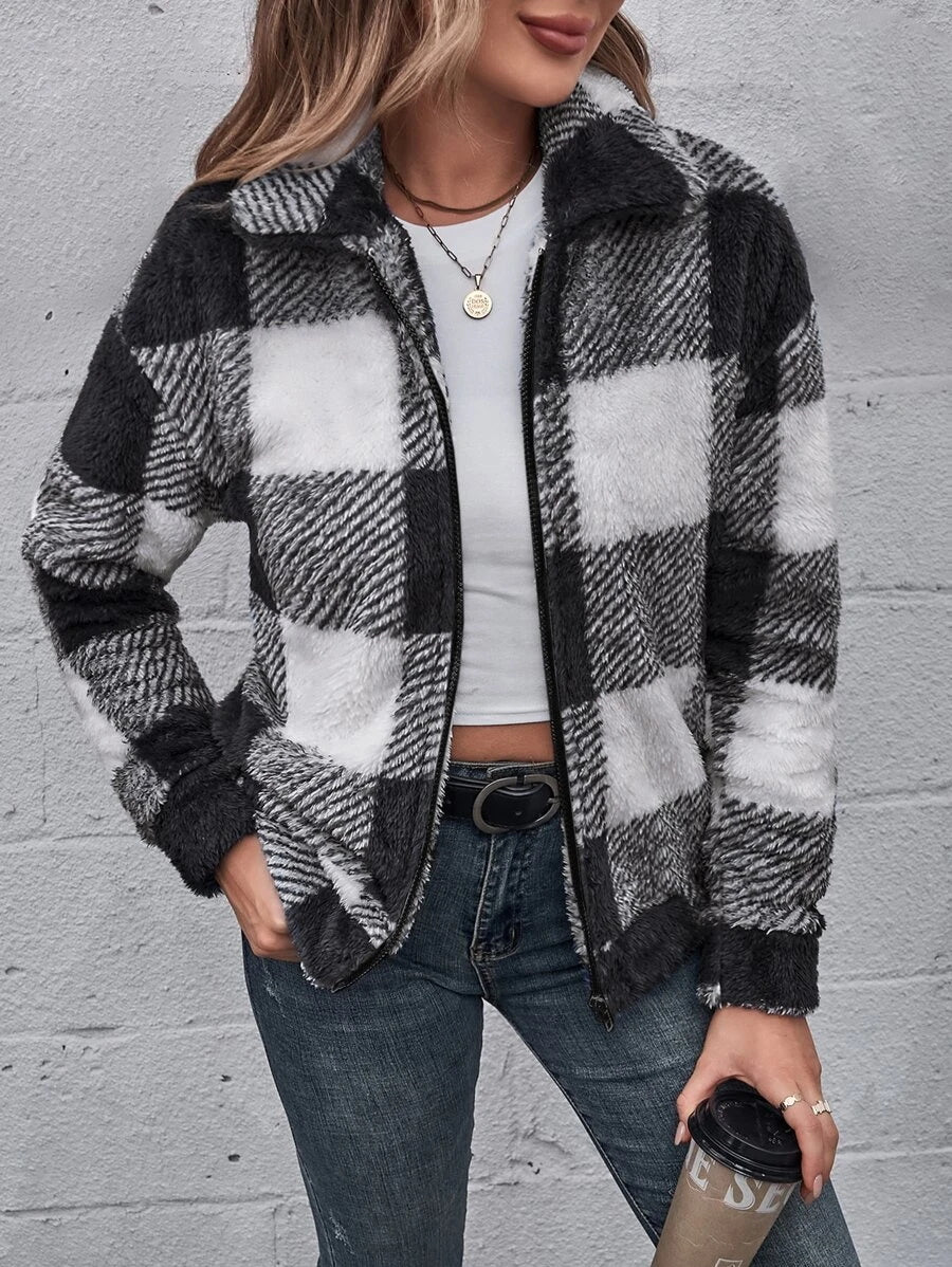 Manteau Polaire Doux à Carreaux Vichy, avec Zip