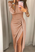 Robe de Cocktail Scintillante, Drapée et Fendue