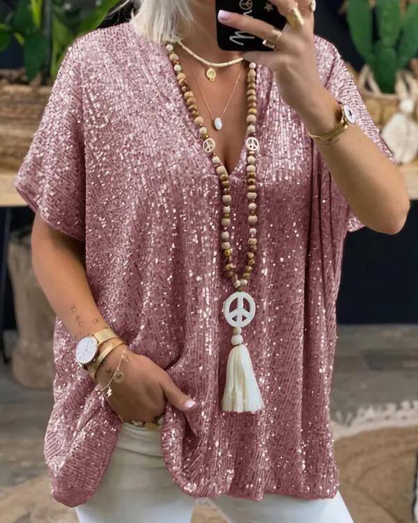 Top Ample Gracieux, Col en V, Sequins
