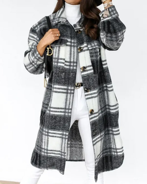 Manteau Long en Laine à Carreaux, Style Urbain