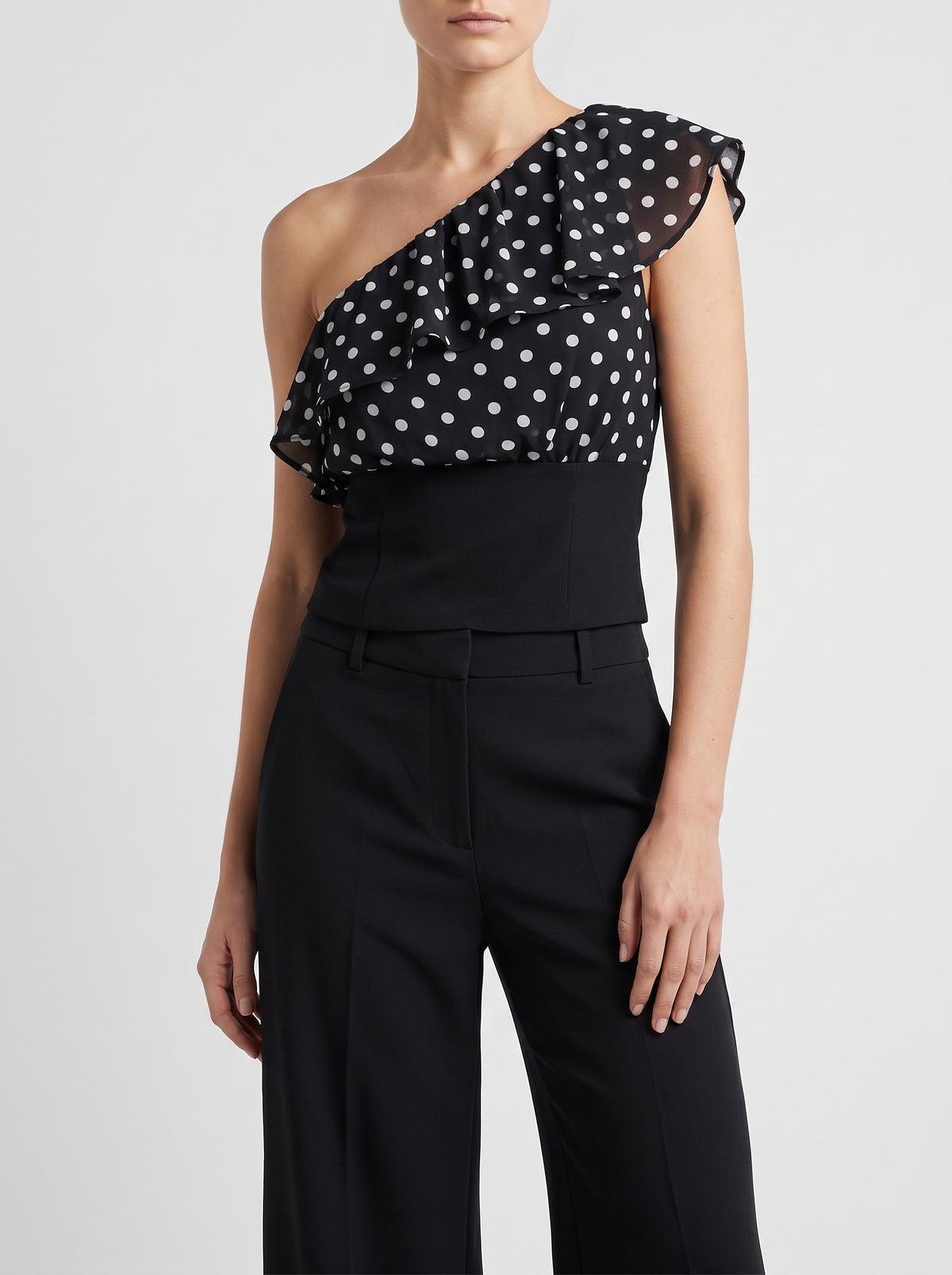 Dianne Polka Dot Asymmetric Collar Top — Black