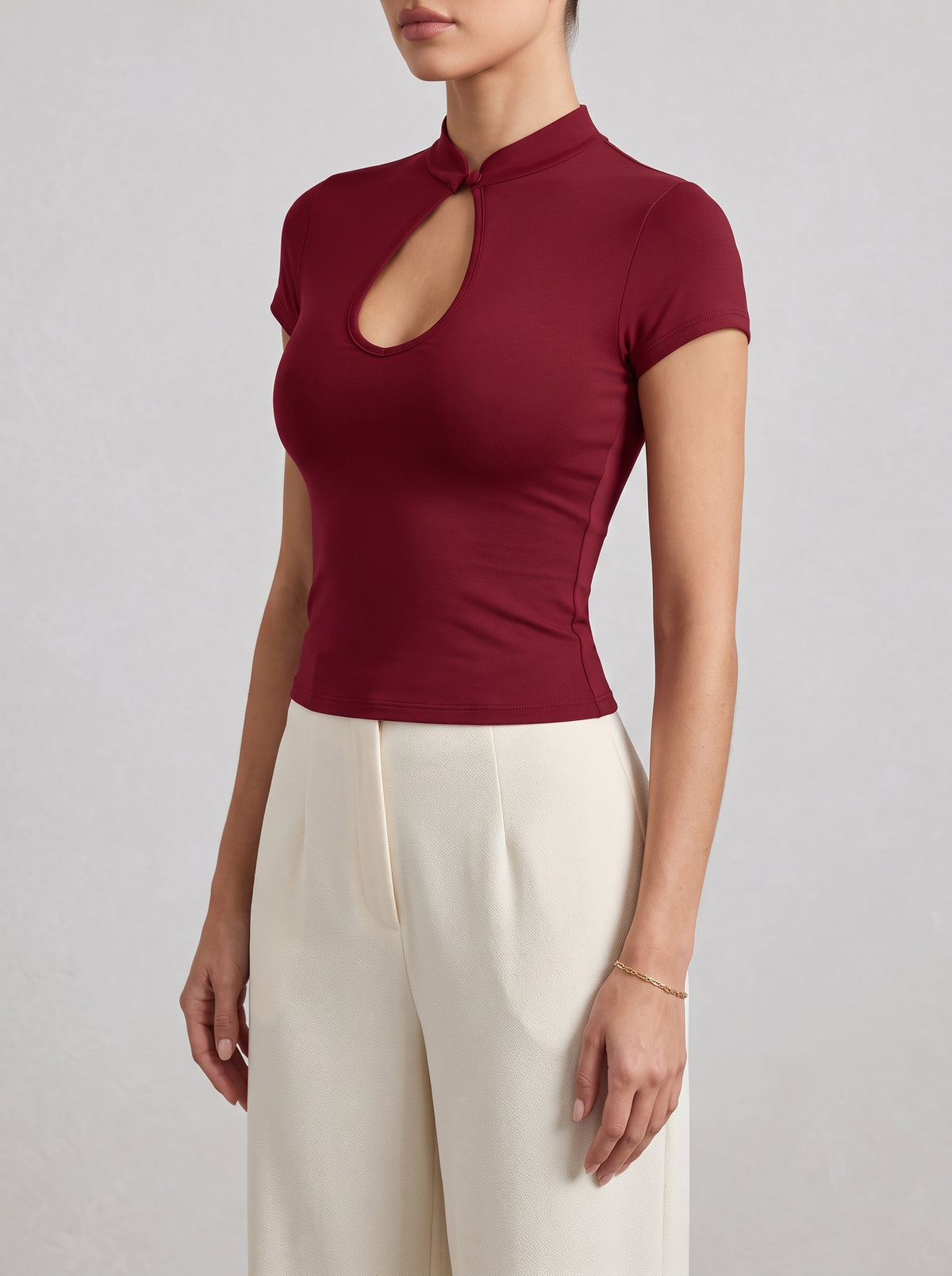 Ximena Mandarin Collar Blouse with Knot Buttons — Burgundy
