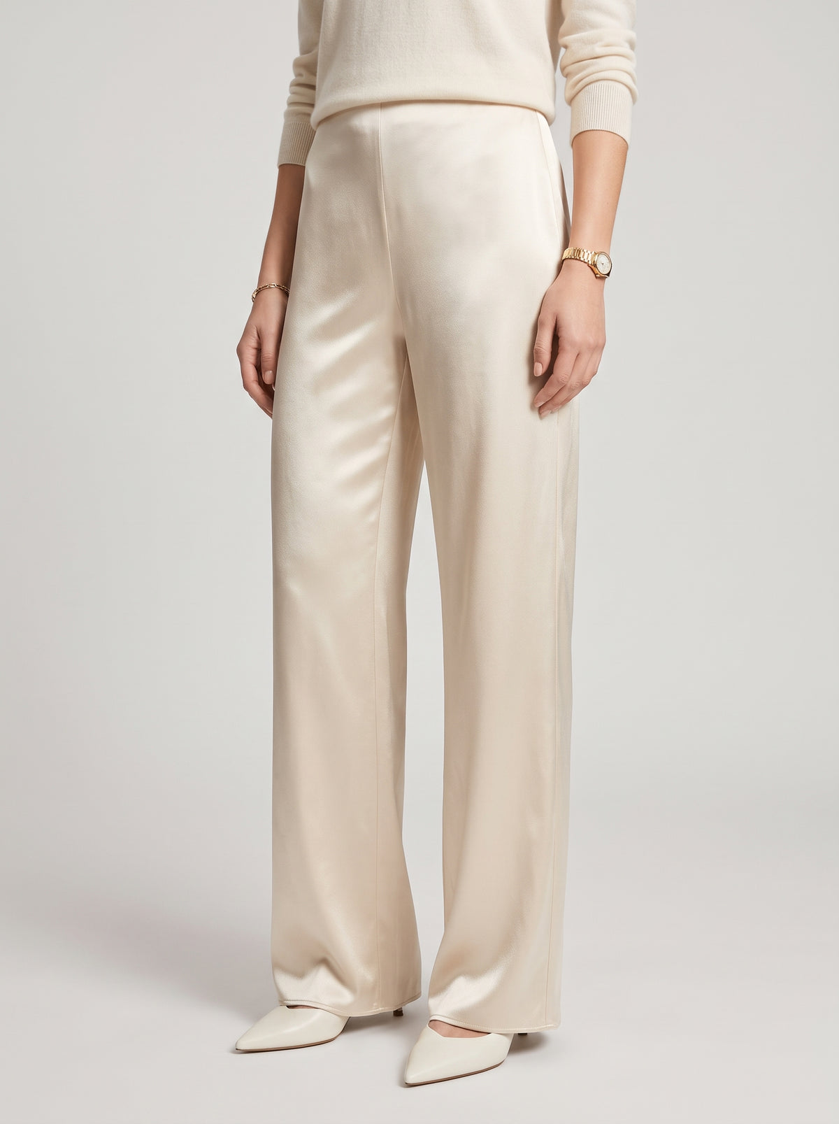 Norma High-Waisted Satin Wide-Leg Pants — White