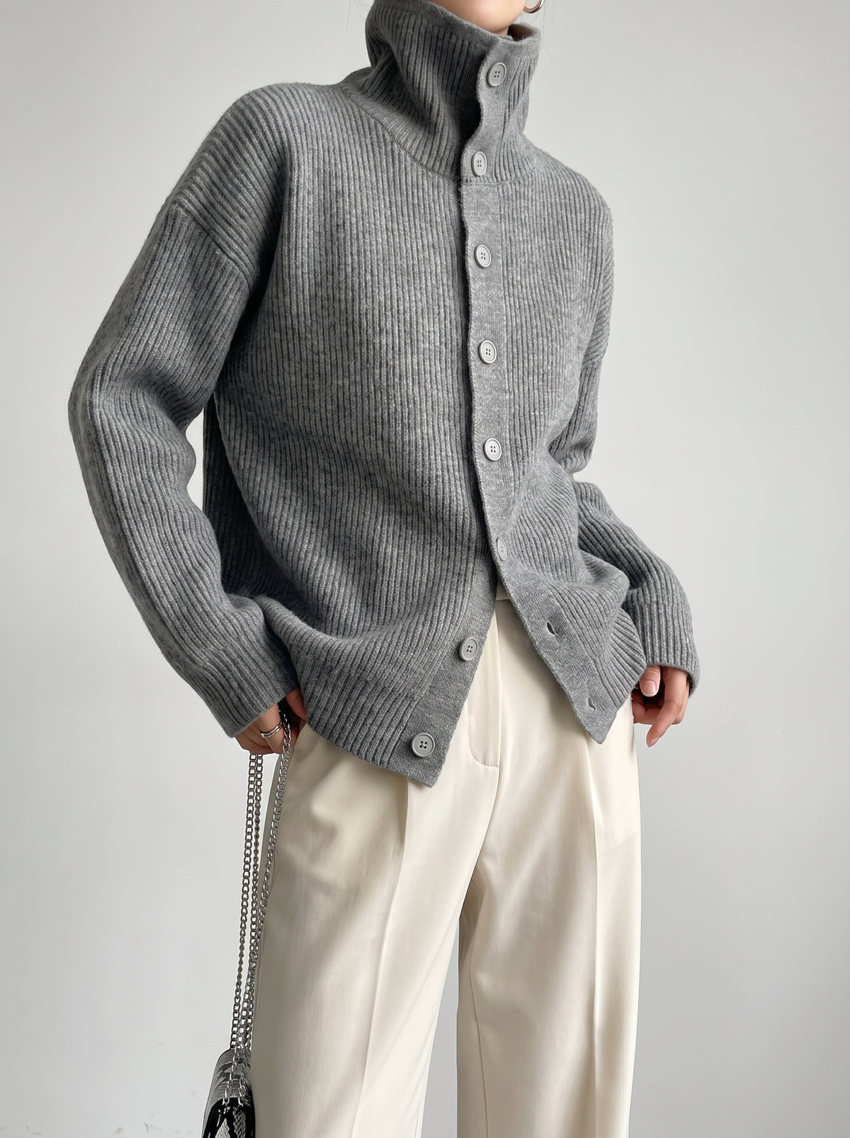 Oversized Ribbed Funnel-Neck Cardigan — Gray