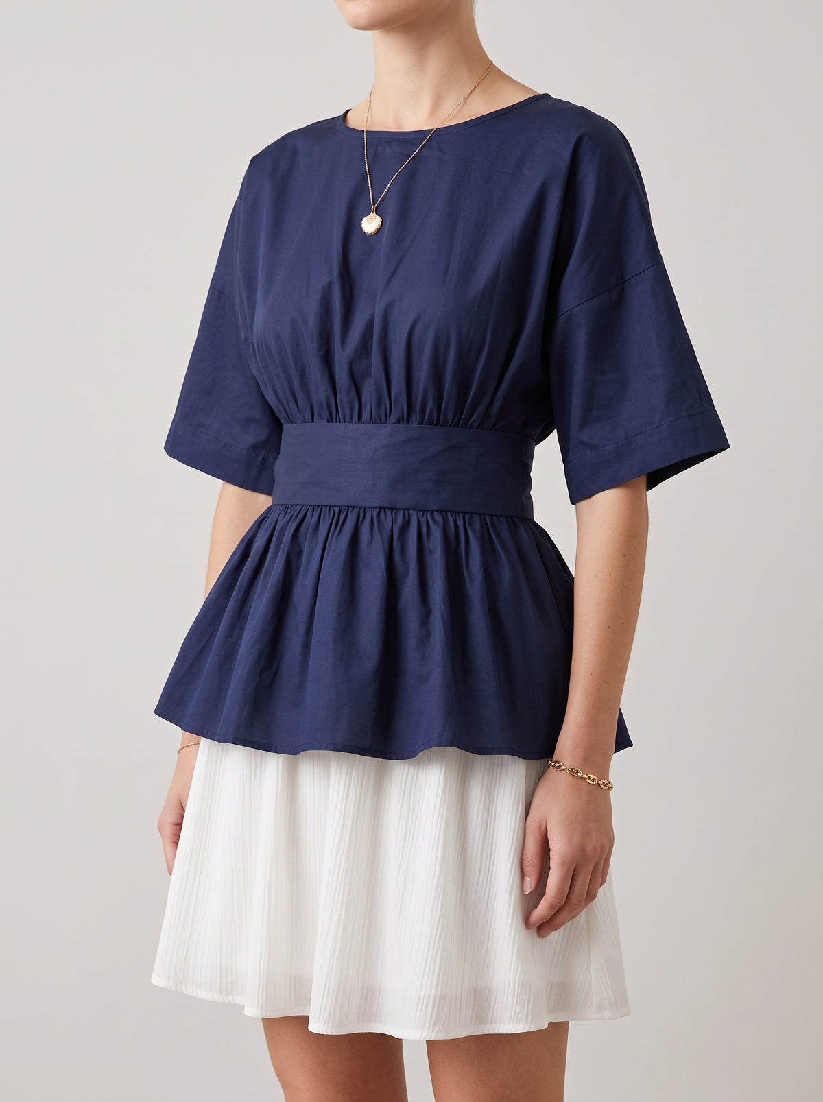 Cécile Ruffled Open-Back Blouse — Navy