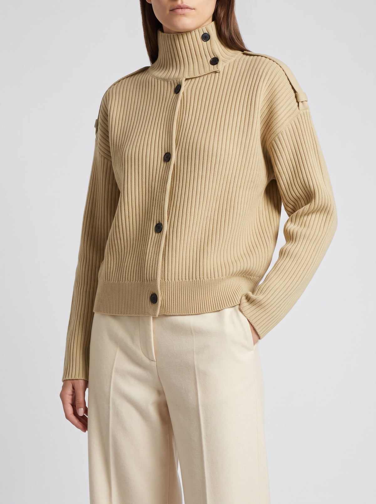 Sandra High-Neck Knitted Cardigan - Beige