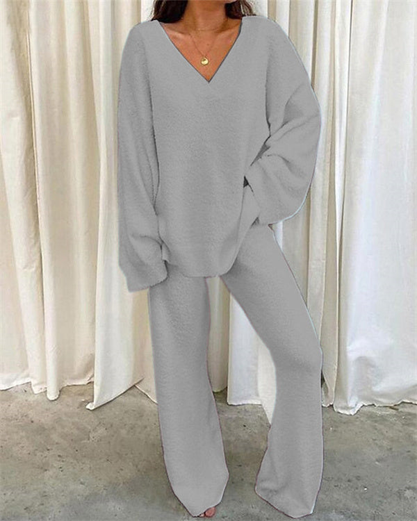 Ensemble Col en V Uni, Doux et Chaud, 2 Pièces