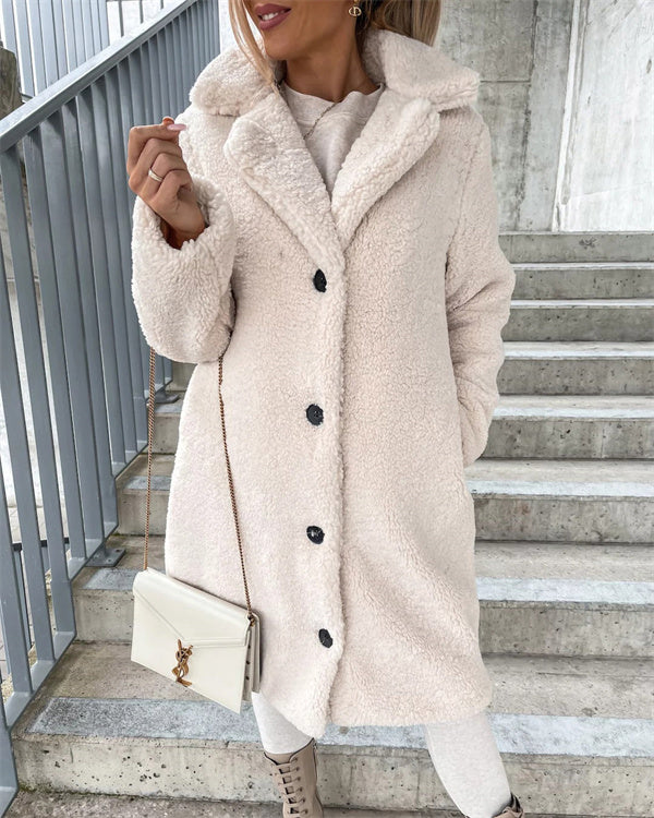 Manteau Long Chaud à Revers, Fausse Fourrure et Flanelle